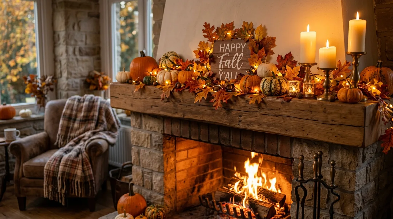 Classic pumpkin fall mantel display in a cozy living room